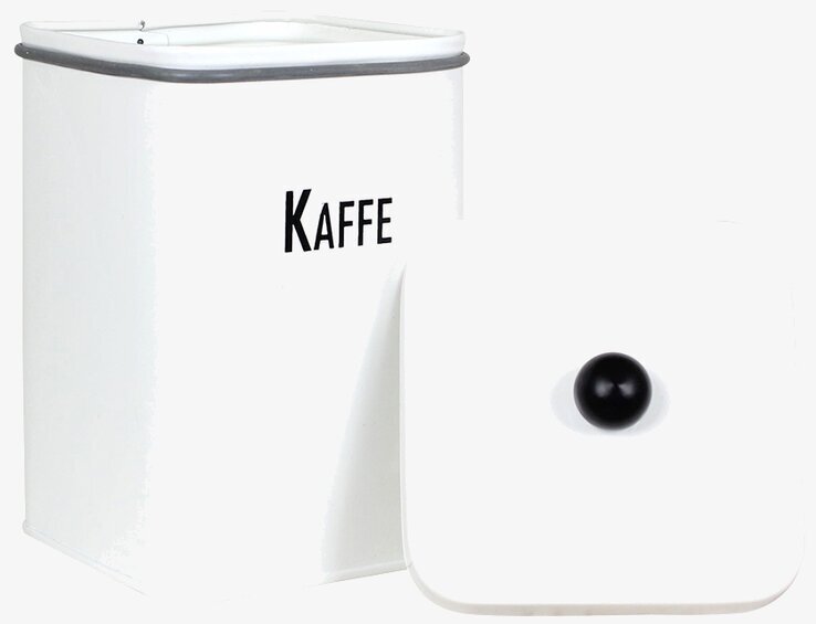 Plåtburk Svarte Petter Kaffe från Strömshaga i vit plåt