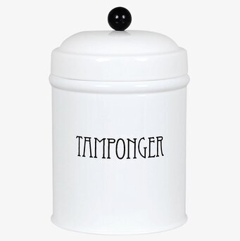 Plåtburk Svarte Petter Tamponger från Strömshaga i vit metall