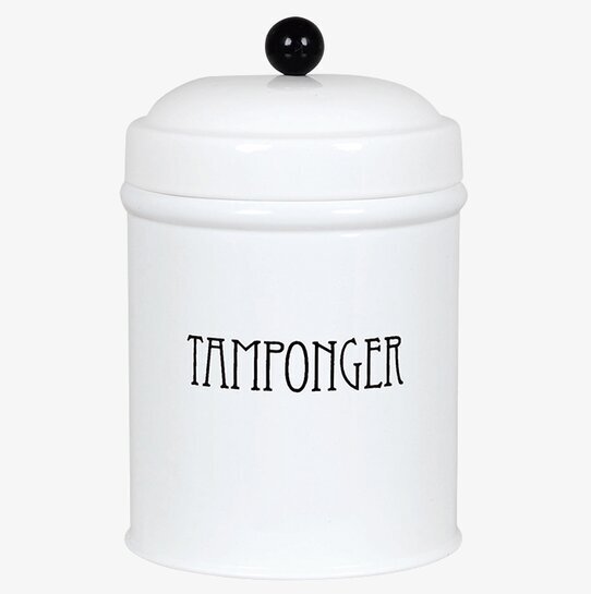 Plåtburk Svarte Petter Tamponger från Strömshaga i vit metall