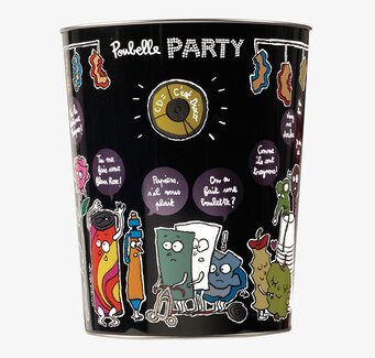 Bild av svart papperskorg med färgglada illustrationer