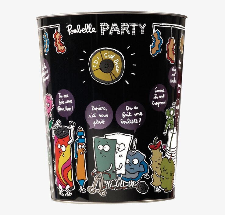 Bild av svart papperskorg med färgglada illustrationer