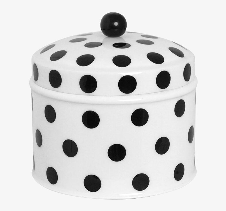 Plåtburk Dagny Vit/Svart Prick från Strömshaga på ljus bakgrund