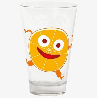 Bild av glas med lekfull apelsinillustration och design