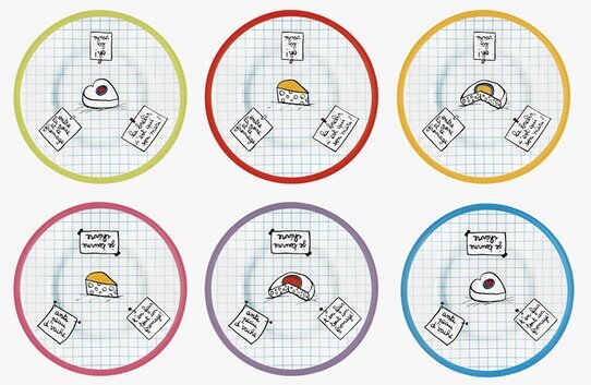 Bild av färgglada ostbrickor med humoristisk design