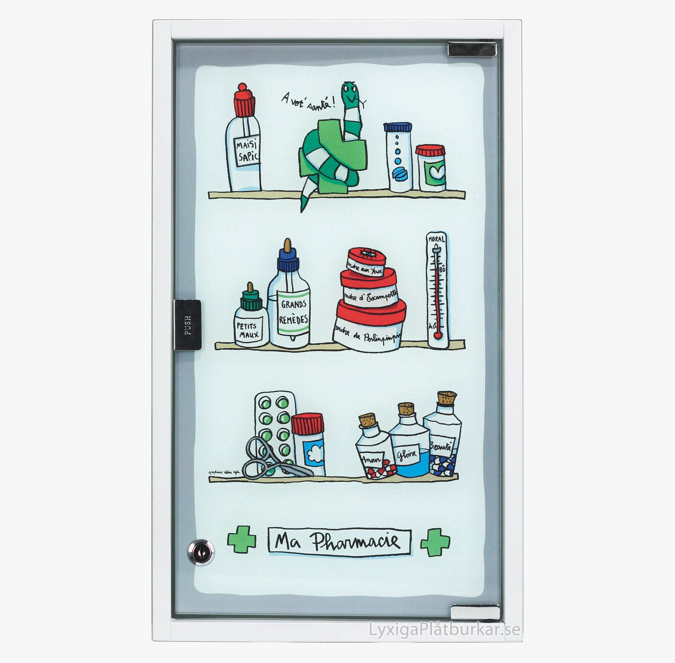 Foto av charmigt illustrerat medicinskåp med lekfull design