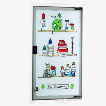 Bild av medicinskåp med humoristisk och färgglad design