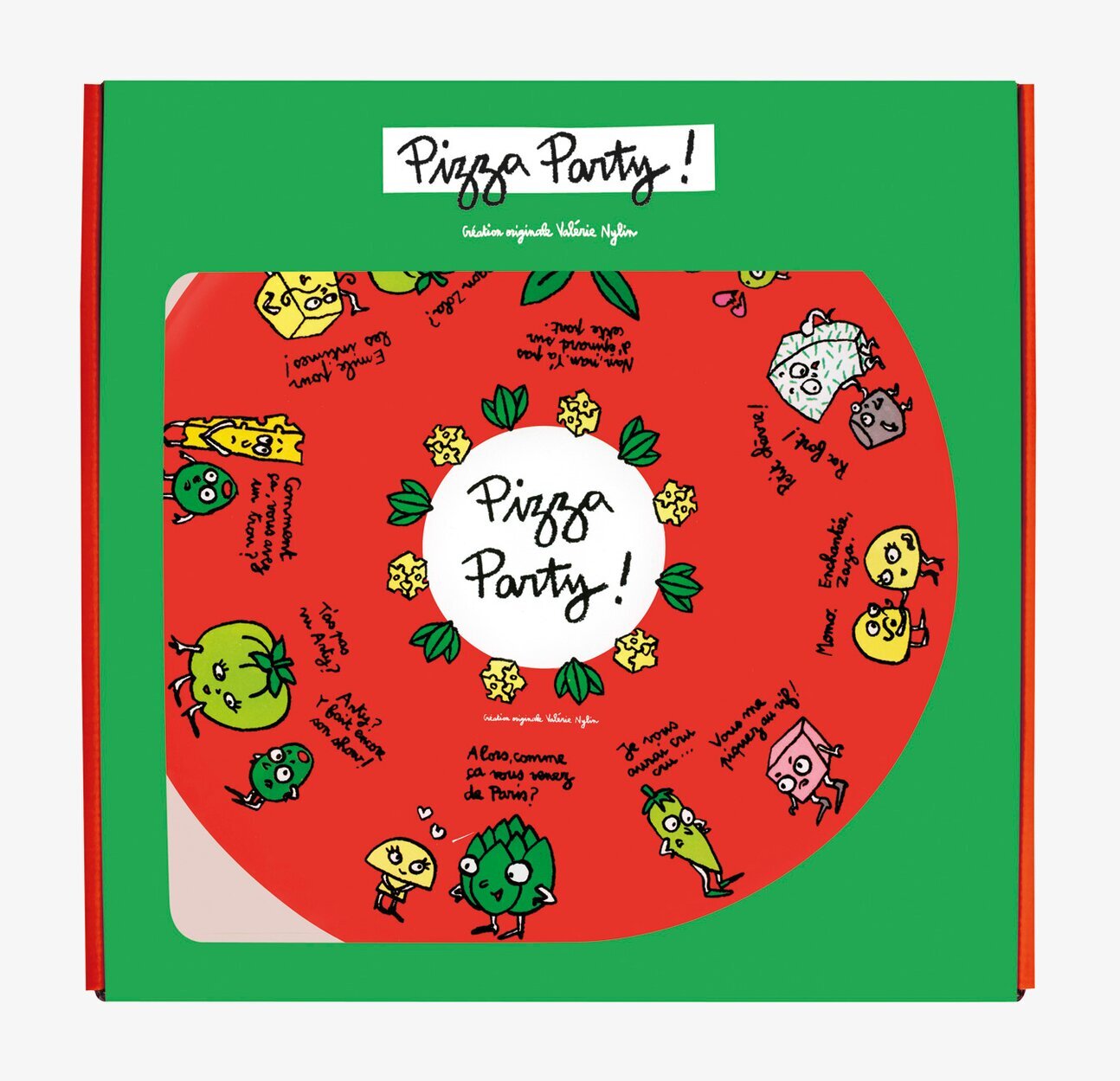 Bild av färgglad plåtburk med pizzatema och illustrationer