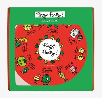 Bild av färgglad plåtburk med pizzatema och illustrationer