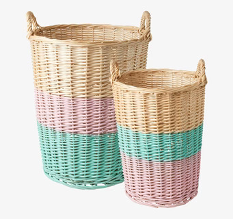 Bild av stilfulla förvaringskorgar i rosa och mint