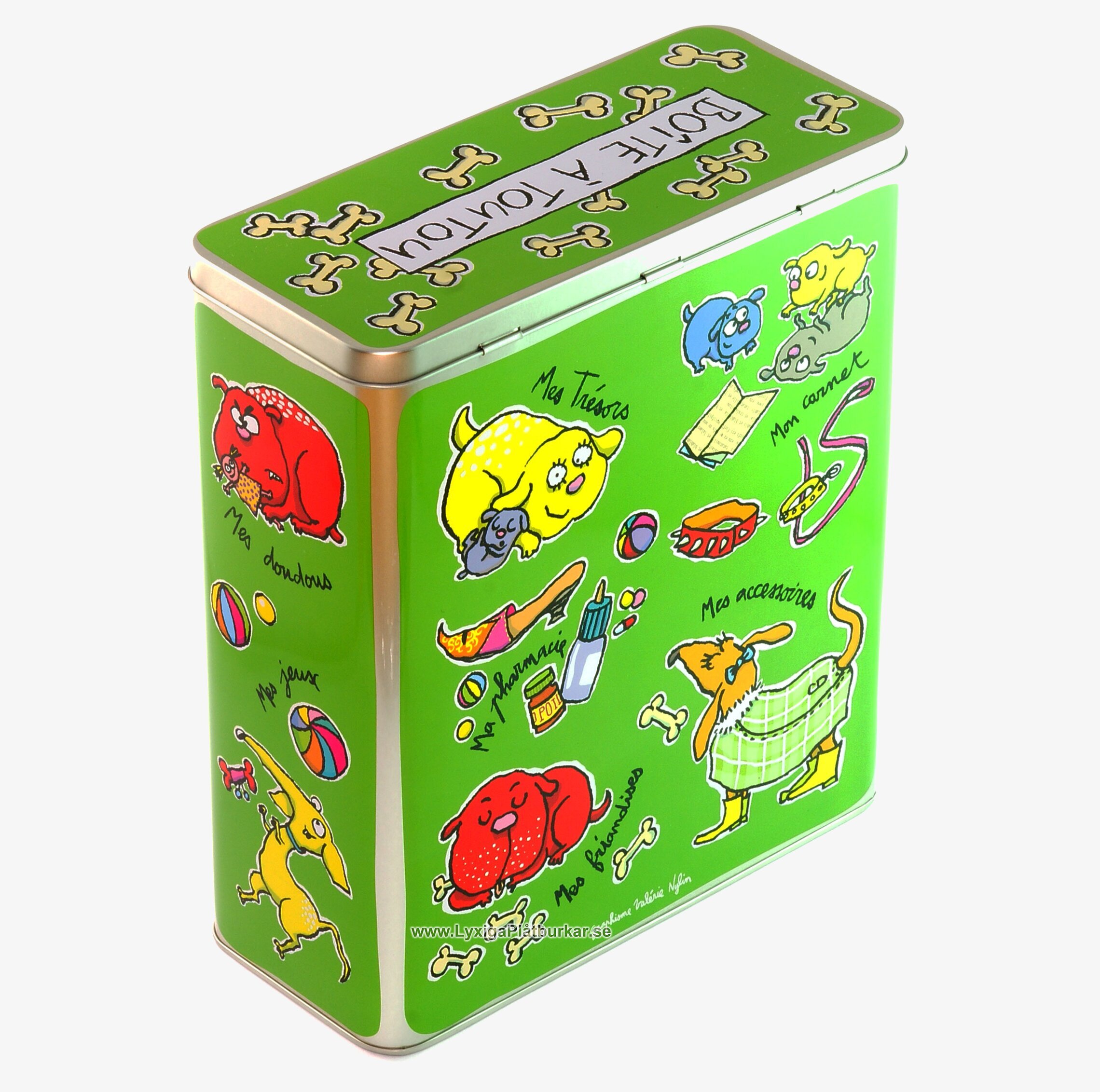 Plåtburk Hundsaker grön från Derriére la porte, färgglad