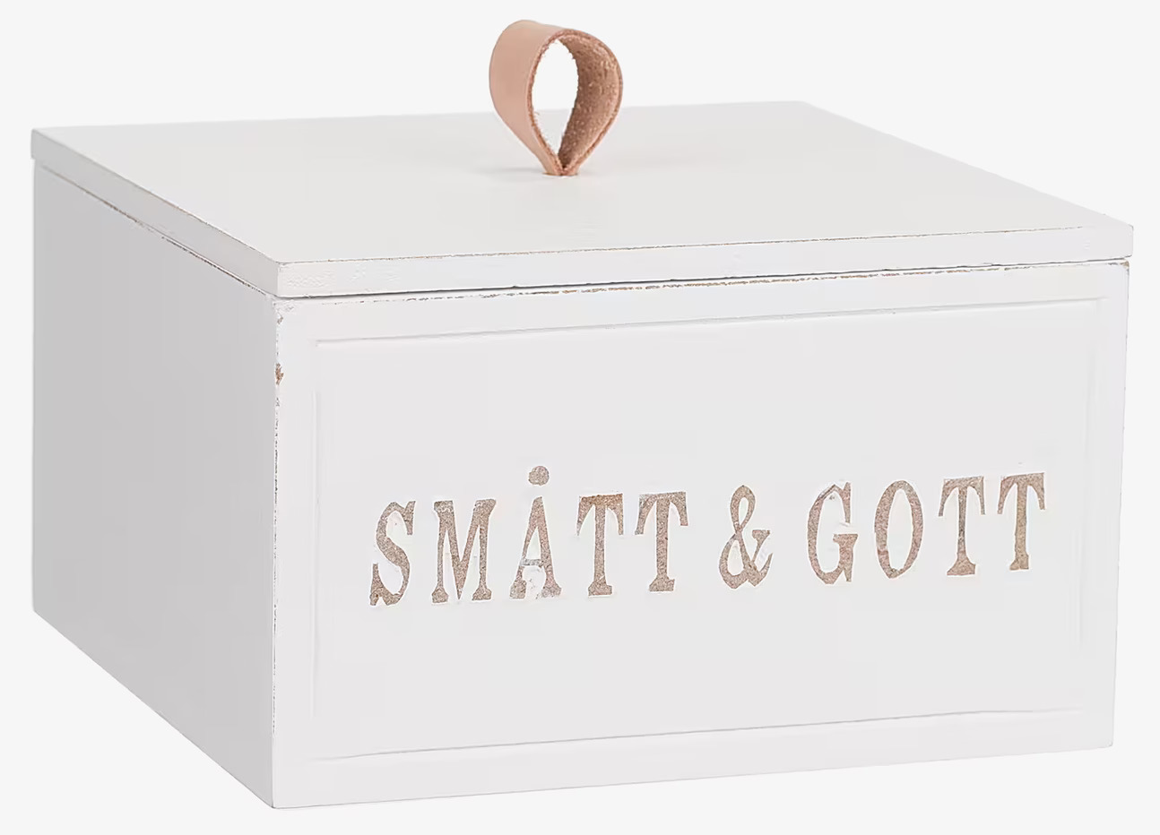 Bild av stilren och funktionell trälåda med läderhandtag