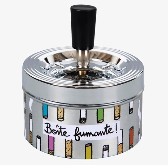 Bild av stilren och färgglad askkopp med humoristisk touch