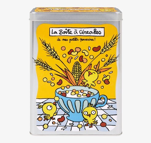 Plåtburk Flingor gul från Derriére la porte med etikett