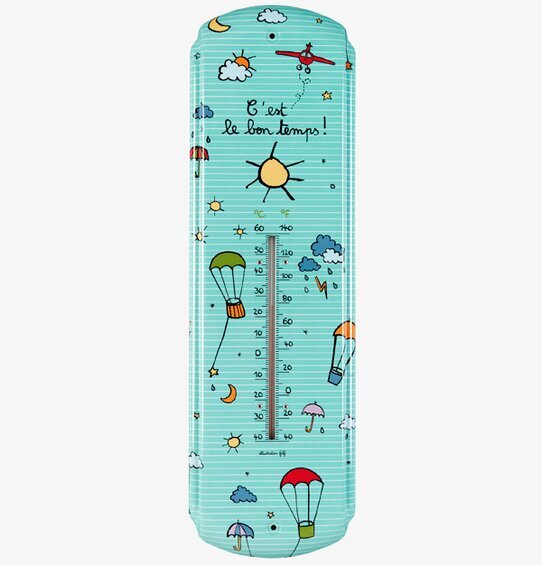 Bild av väggtermometer med lekfullt luftballongmönster