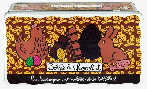 Plåtburk Choklad från Derriére la porte med färgglada motiv