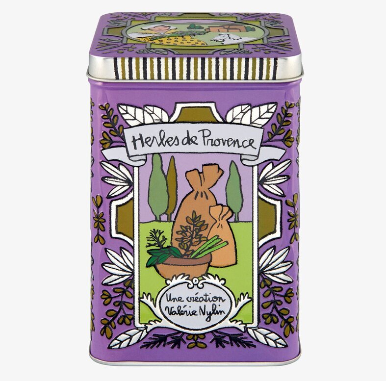 Plåtburk Örter från Derriére la porte i lila med mönster