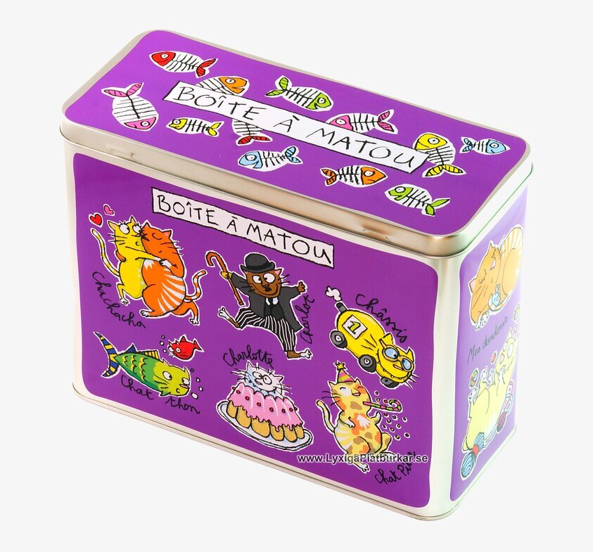 Plåtburk Kattsaker lila från Derriére la porte med katter