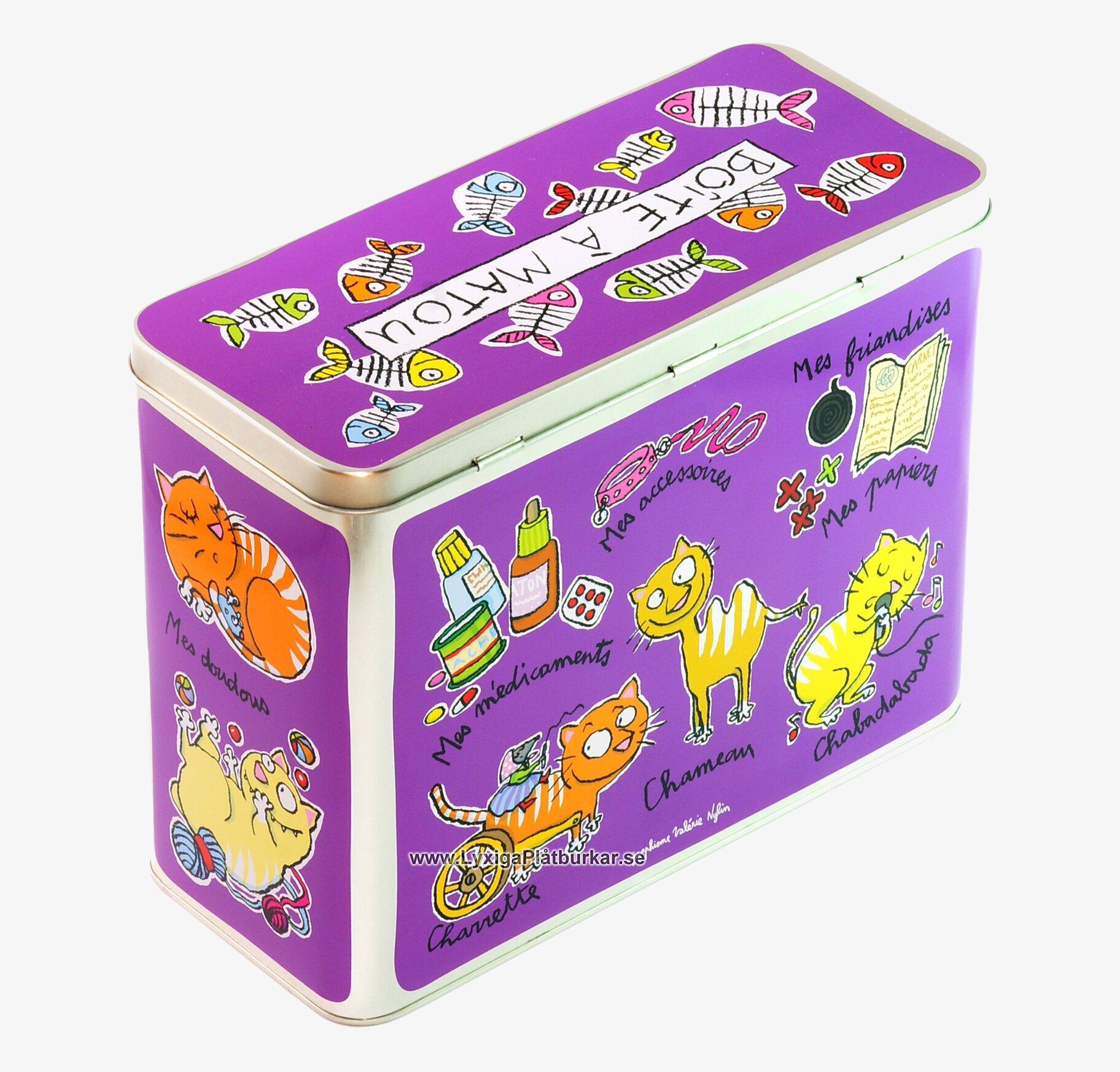 Plåtburk Kattsaker lila från Derriére la porte, kattmotiv