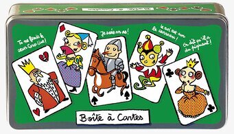 Bild av grön plåtburk med spelkort och fransk text