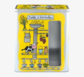 Plåtburk Flingor Gul från Derriére la porte med ko-motiv