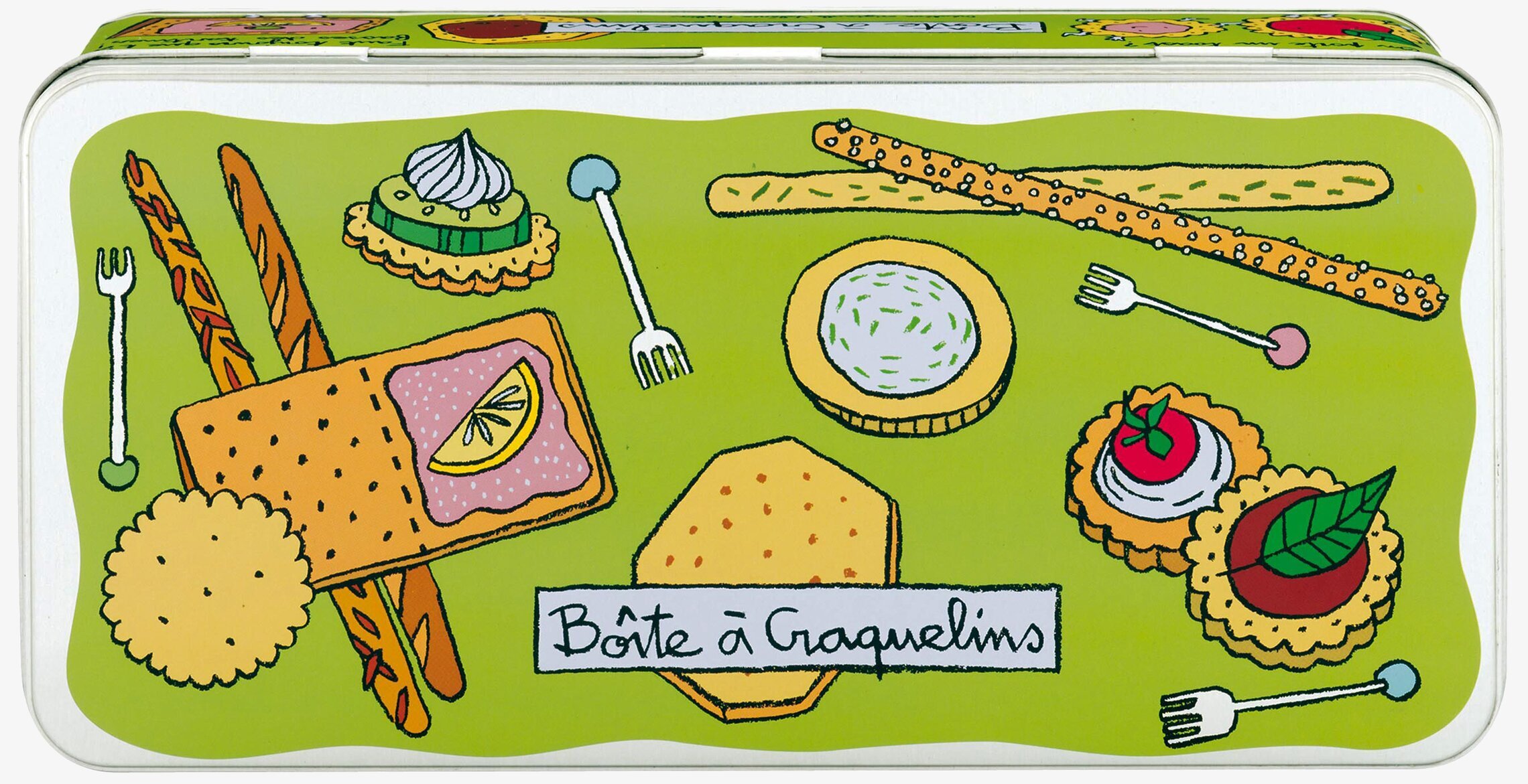 Plåtburk Kex Grön från Derriére la porte med kexillustrationer