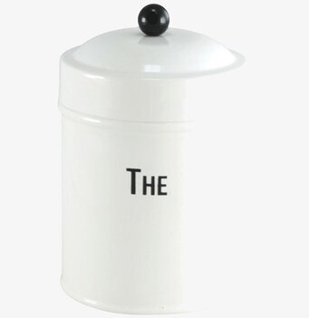 Plåtburk Thè Liten från Strömshaga i vit plåt med svart text