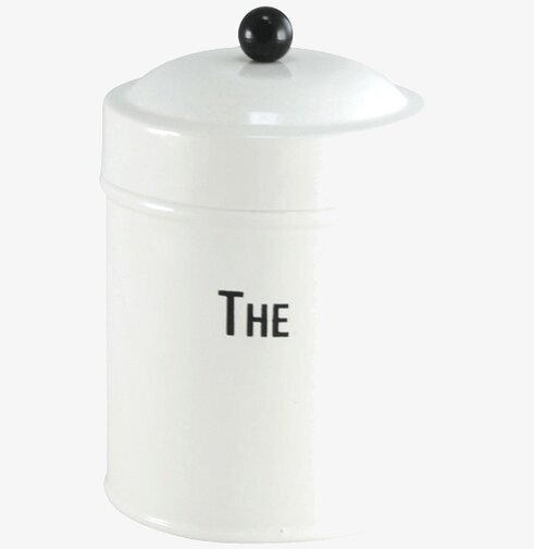 Plåtburk Thè Liten från Strömshaga i vit plåt med svart text