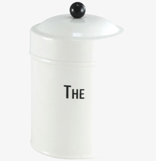 Plåtburk Thè Liten från Strömshaga i vit plåt med svart text