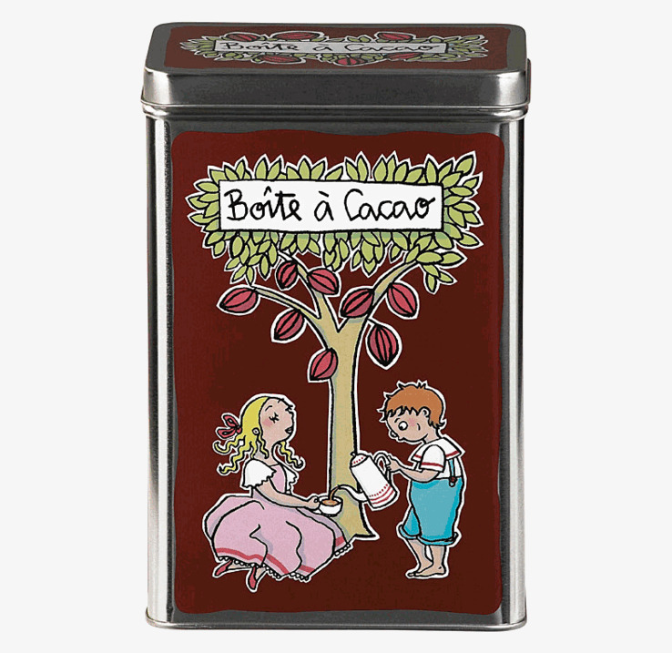 Bild av dekorativ kakao-brun plåtburk med barnmotiv