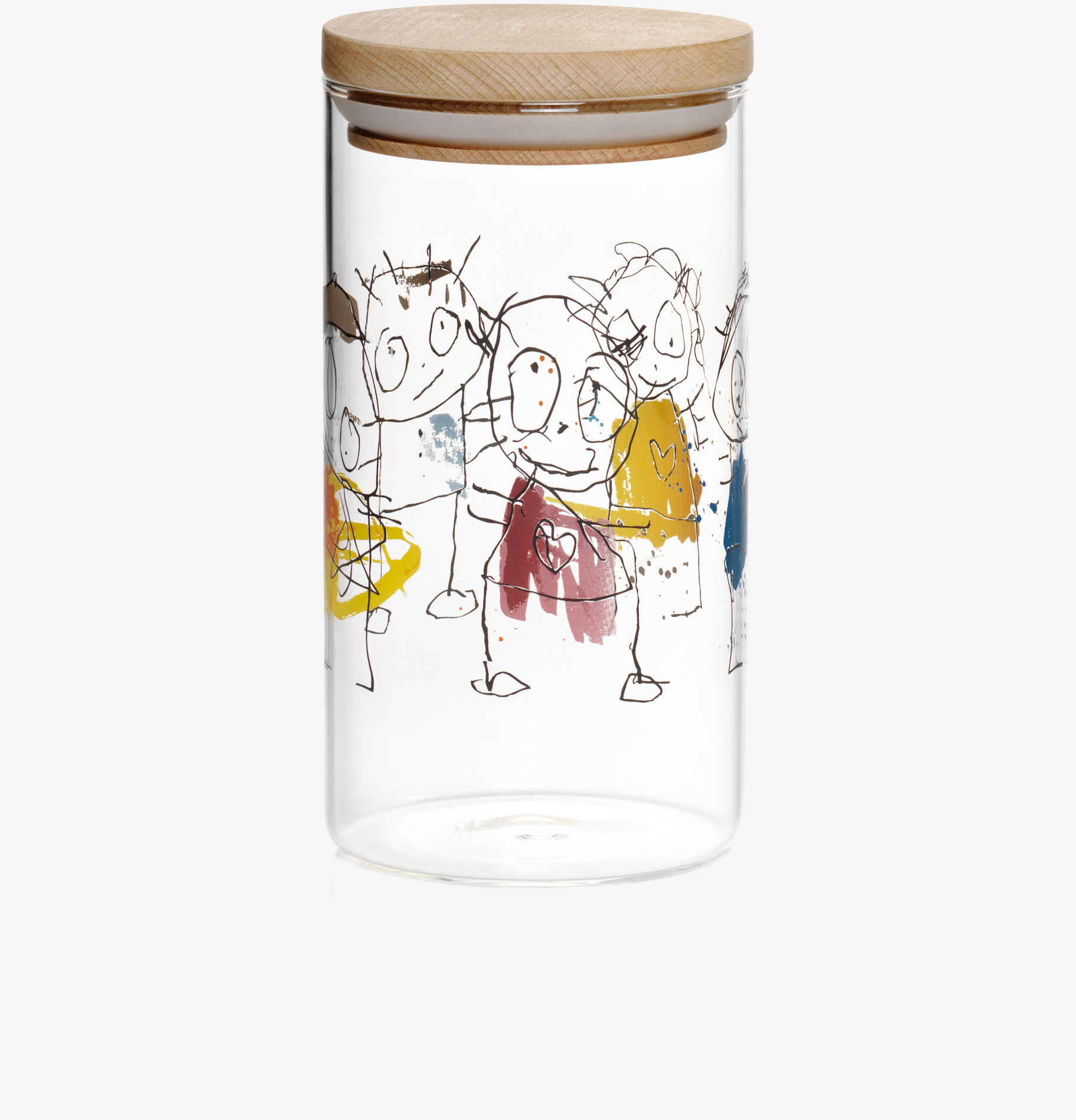 Foto av glasburk med lekfulla illustrationer och trälock