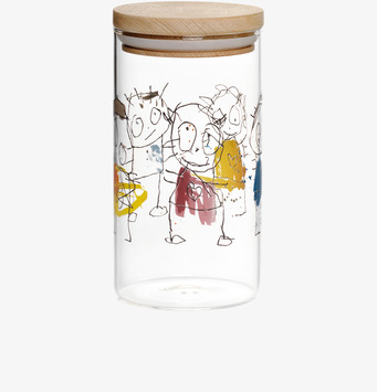 Foto av glasburk med lekfulla illustrationer och trälock