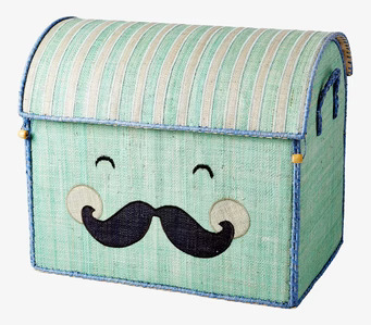 Bild av färgglad förvaringskorg med glad mustaschdesign