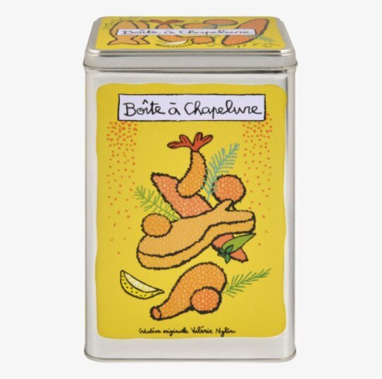 Plåtburk Ströbröd från Derriére la porte med gul etikett