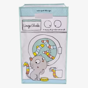 Bild av humoristisk tvättkorg med kattillustration